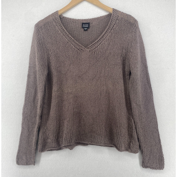 EILEEN FISHER Sweater S Crochet Chunky Boxy V-Neck Pullover Mauve VTG HK - Picture 1 of 11